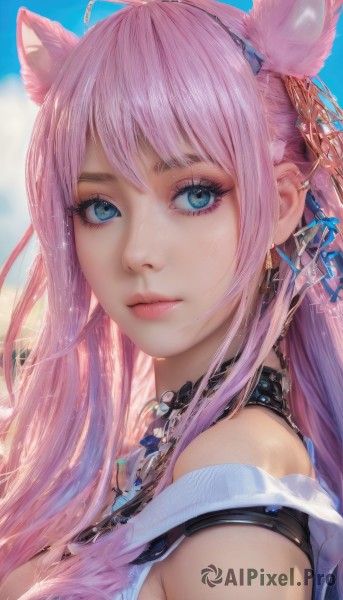 1girl,solo,long hair,breasts,looking at viewer,bangs,blue eyes,hair ornament,ribbon,animal ears,bare shoulders,jewelry,closed mouth,hair ribbon,upper body,pink hair,earrings,outdoors,sky,choker,day,shiny,cloud,cat ears,necklace,from side,blue sky,lips,eyelashes,makeup,blue ribbon,portrait,close-up,realistic,nose,mascara,ahoge,hairband,artist name