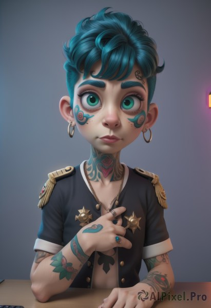 1girl,solo,looking at viewer,short hair,shirt,1boy,jewelry,closed mouth,green eyes,blue hair,jacket,upper body,short sleeves,male focus,earrings,green hair,open clothes,necklace,aqua eyes,lips,eyelashes,open shirt,aqua hair,tattoo,makeup,buttons,piercing,table,ring,aged down,lipstick,child,freckles,epaulettes,hoop earrings,unbuttoned,eyeliner,arm tattoo,facepaint,male child,badge,mascara,artist name,ear piercing,very short hair,facial tattoo