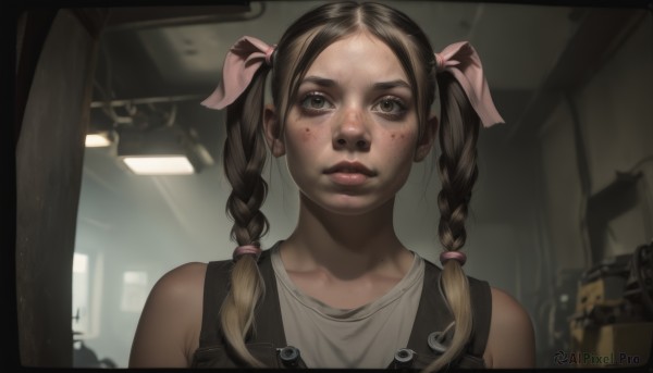 1girl,solo,long hair,looking at viewer,bangs,brown hair,shirt,ribbon,bare shoulders,twintails,brown eyes,hair ribbon,white shirt,upper body,braid,multicolored hair,sleeveless,indoors,mole,blurry,twin braids,lips,blurry background,tank top,freckles,realistic,overalls,blonde hair,black hair,parted bangs,portrait,pink ribbon,nose,dirty,dirty face