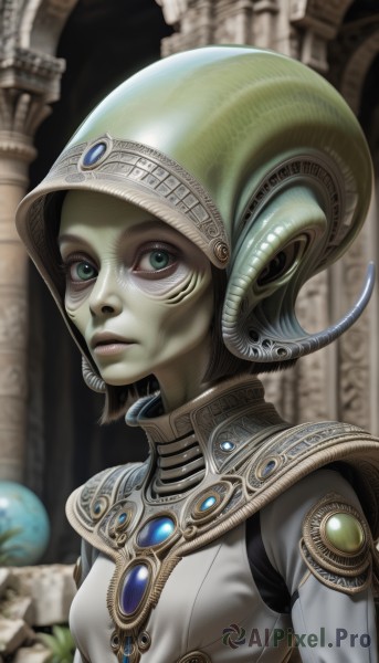 1girl,solo,breasts,looking at viewer,short hair,black hair,jewelry,closed mouth,green eyes,upper body,small breasts,armor,blurry,lips,blurry background,colored skin,facial mark,helmet,gem,realistic,nose,fantasy,green skin,pillar,alien,brown hair,facepaint,statue,arch,gorget,column