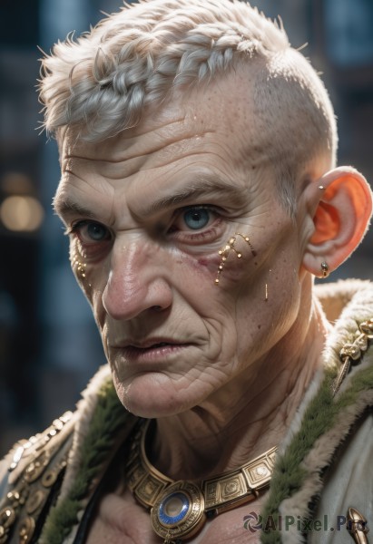 solo,looking at viewer,short hair,blue eyes,1boy,jewelry,closed mouth,braid,white hair,male focus,earrings,artist name,necklace,blurry,lips,fur trim,depth of field,blurry background,portrait,freckles,realistic,nose,old,old man,wrinkled skin,facial hair,piercing,gem,close-up,manly