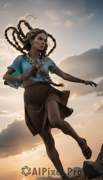 1girl,solo,long hair,skirt,brown hair,shirt,black hair,brown eyes,jewelry,full body,braid,short sleeves,outdoors,sky,cloud,dark skin,necklace,bag,twin braids,bracelet,dark-skinned female,lips,toes,sandals,blue shirt,sunset,running,brown skirt,rock,realistic,nose,anklet,sun,very dark skin,dreadlocks,multiple braids,standing,neckerchief,floating hair,sunlight,cloudy sky,wind,backlighting,mountain,cliff