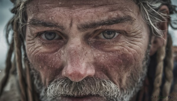 solo,looking at viewer,1boy,brown eyes,male focus,artist name,signature,blurry,wet,grey eyes,blurry background,facial hair,portrait,beard,close-up,realistic,mustache,old,old man,wrinkled skin,brown hair,grey hair,depth of field,scar,mouth hold,scar on face,scar across eye,smoking,manly,cigar