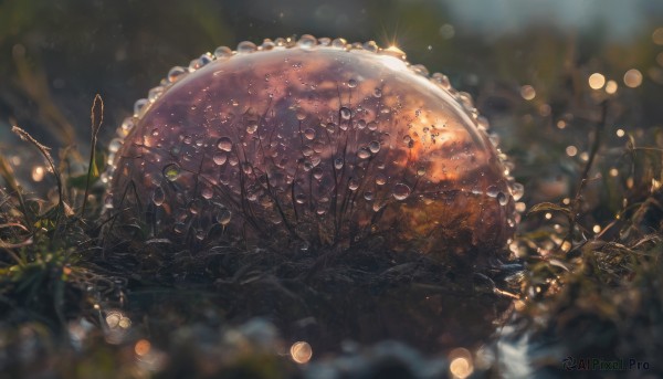 outdoors,water,blurry,tree,no humans,depth of field,blurry background,grass,plant,scenery,light particles,lens flare,reflection,bubble,blurry foreground,water drop,air bubble,bokeh,nature,fantasy,still life