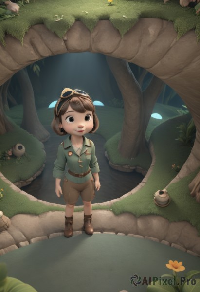 1girl,solo,smile,short hair,open mouth,brown hair,shirt,long sleeves,brown eyes,standing,full body,flower,boots,outdoors,shorts,collared shirt,belt,black eyes,tree,brown footwear,grass,bug,goggles,child,nature,forest,walking,goggles on head,rock,yellow flower,green shirt,mushroom,brown shorts,path,bow,jacket,hair ribbon,parted lips,shoes,butterfly,sleeves rolled up,green jacket