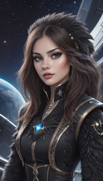 1girl,solo,long hair,breasts,looking at viewer,brown hair,hair ornament,brown eyes,jewelry,medium breasts,closed mouth,upper body,sky,necklace,lips,fur trim,makeup,gem,star (sky),starry sky,nose,space,planet,earth (planet),artist name,bodysuit,feathers,feather trim