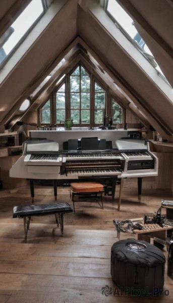 day,indoors,tree,no humans,window,chair,table,sunlight,plant,instrument,scenery,wooden floor,bench,stool,piano,grand piano,cloud