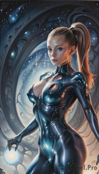 1girl,solo,long hair,breasts,looking at viewer,blue eyes,blonde hair,large breasts,cleavage,medium breasts,standing,ponytail,cowboy shot,shiny,artist name,covered nipples,lips,clothing cutout,bodysuit,covered navel,cleavage cutout,star (sky),skin tight,shiny clothes,space,latex,zero suit,signature,realistic