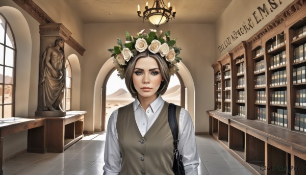 1girl,solo,looking at viewer,short hair,blue eyes,brown hair,shirt,hair ornament,long sleeves,white shirt,upper body,flower,collared shirt,indoors,hair flower,bag,vest,english text,lips,book,window,dress shirt,buttons,rose,chair,table,white flower,shoulder bag,stairs,realistic,bookshelf,candle,head wreath,white rose,statue,library,chandelier,closed mouth,tiles,tile floor,church