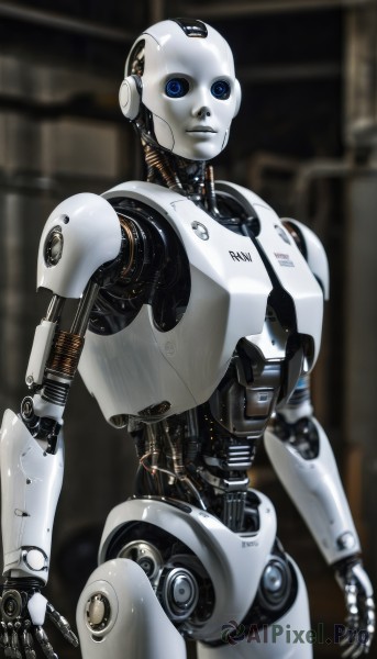 solo,looking at viewer,blue eyes,standing,cowboy shot,blurry,no humans,blurry background,robot,mecha,1other,machinery,science fiction,realistic,android,joints,cable,cyborg,damaged,robot joints,cyberpunk,mechanical parts,humanoid robot