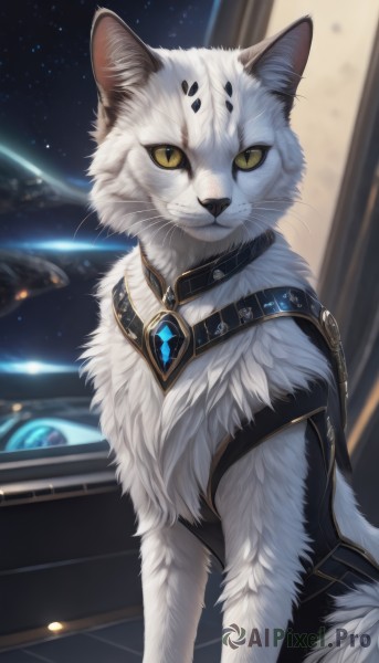 solo,looking at viewer,smile,jewelry,yellow eyes,upper body,artist name,indoors,signature,grin,blurry,collar,no humans,animal,cat,slit pupils,gem,star (sky),colored sclera,space,animal focus,white fur,planet,yellow sclera,whiskers,closed mouth,sky,cat ears,animal ear fluff,blurry background,starry sky,fur collar,realistic