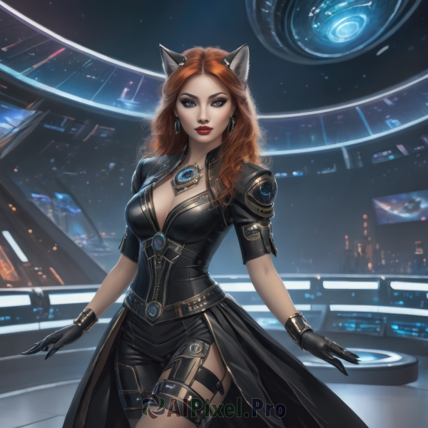 1girl,solo,long hair,breasts,looking at viewer,large breasts,brown hair,gloves,animal ears,cleavage,brown eyes,jewelry,medium breasts,standing,short sleeves,cowboy shot,earrings,black gloves,belt,cat ears,necklace,orange hair,mole,lips,bodysuit,makeup,thigh strap,wavy hair,lipstick,science fiction,curly hair,red lips,asymmetrical clothes,blue eyes,skirt,dress,red hair,artist name,black dress,grey eyes,night,realistic