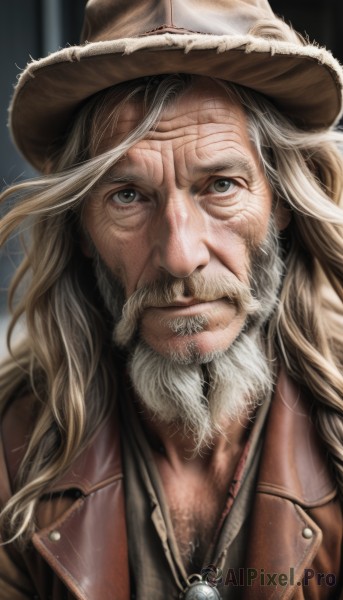 solo,long hair,looking at viewer,shirt,1boy,hat,jewelry,closed mouth,jacket,upper body,white hair,grey hair,male focus,necklace,blurry,grey eyes,facial hair,scar,portrait,beard,pendant,brown jacket,realistic,mustache,brown headwear,manly,old,old man,cowboy hat,blonde hair,signature,lips,blurry background,scar on face,veins,nose,scar across eye,wrinkled skin