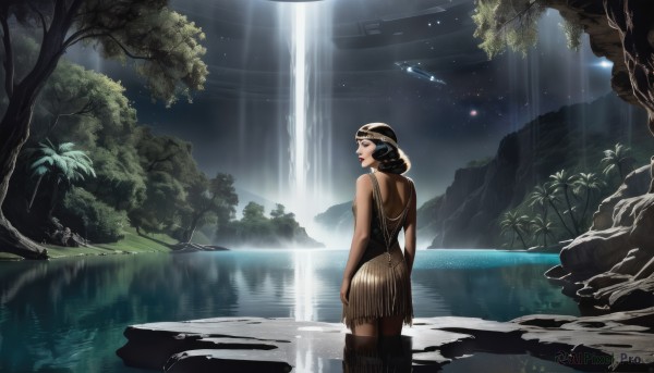 1girl,solo,short hair,skirt,black hair,thighhighs,dress,bare shoulders,standing,outdoors,sky,sleeveless,dark skin,water,from behind,dark-skinned female,tree,lips,makeup,night,lipstick,star (sky),nature,night sky,scenery,forest,starry sky,reflection,light rays,river,waterfall,lake,shooting star,aurora,wading,science fiction,spacecraft