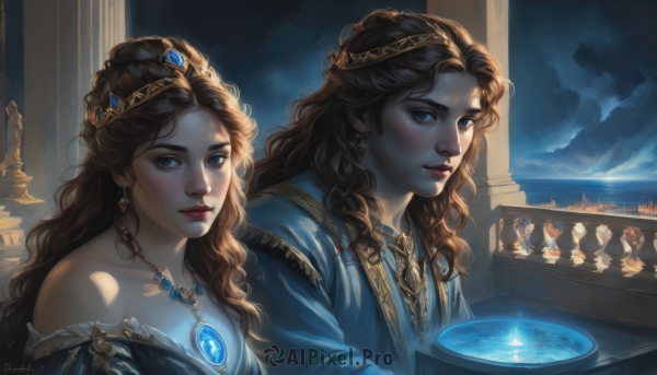 1girl,long hair,looking at viewer,smile,blue eyes,multiple girls,brown hair,dress,2girls,bare shoulders,jewelry,closed mouth,upper body,earrings,multiple boys,sky,cloud,water,necklace,off shoulder,lips,night,blue dress,siblings,ocean,wavy hair,tiara,crown,sisters,gem,night sky,curly hair,twins,watercraft,pillar,diadem,bangs,hair ornament,brown eyes,outdoors,parted lips,artist name,makeup,moon,bowl,realistic,nose,red lips