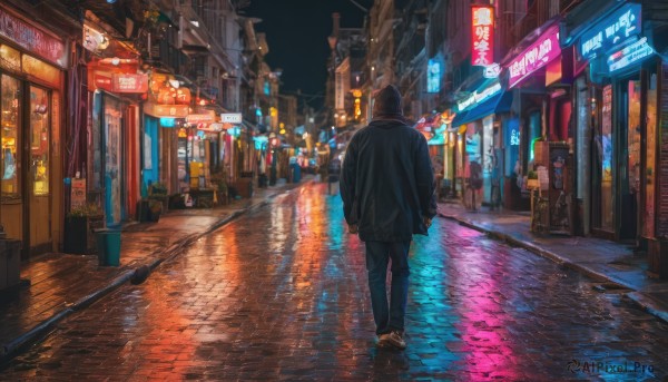 solo, 1boy, jacket, male focus, outdoors, shoes, pants, from behind, black jacket, night, plant, building, scenery, walking, jeans, city, sign, road, cityscape, street, city lights, neon lights, pavement, vanishing point