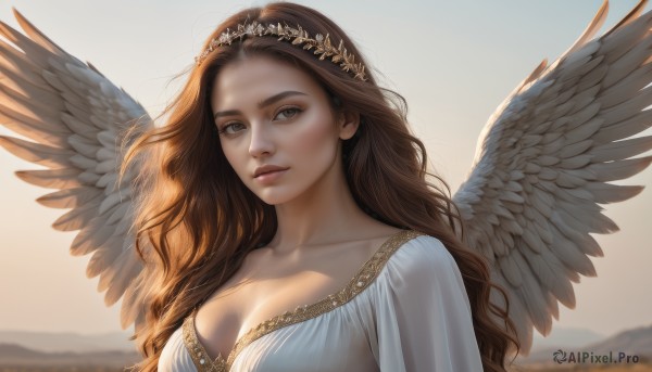 1girl,solo,long hair,breasts,looking at viewer,smile,brown hair,dress,cleavage,brown eyes,medium breasts,collarbone,upper body,outdoors,parted lips,wings,sky,white dress,blurry,lips,grey eyes,wavy hair,feathered wings,angel wings,realistic,nose,white wings,angel,head wreath,large breasts,closed mouth,day,sunlight,backlighting