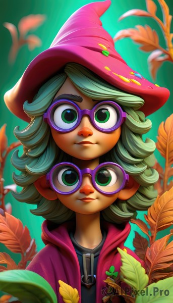 1girl,solo,looking at viewer,smile,short hair,shirt,hat,closed mouth,green eyes,jacket,upper body,parted lips,green hair,open clothes,glasses,hood,blurry,black shirt,witch hat,leaf,plant,green background,curly hair,round eyewear,witch,purple headwear,purple-framed eyewear,bangs,artist name,lips,coat,watermark,red headwear,zipper,nose,flipped hair