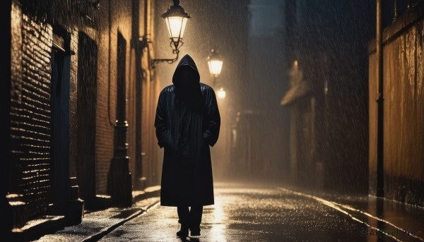 solo,long sleeves,1boy,standing,male focus,outdoors,hood,from behind,coat,night,building,scenery,1other,hood up,walking,rain,black coat,city,hands in pockets,light,road,lamppost,street,hooded coat,ambiguous gender,alley,1girl,long hair,black hair,blurry,depth of field,reflection