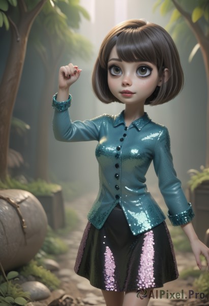 1girl,solo,breasts,looking at viewer,short hair,bangs,skirt,brown hair,shirt,long sleeves,brown eyes,standing,flower,cowboy shot,small breasts,outdoors,parted lips,day,shiny,collared shirt,black skirt,nail polish,blurry,arm up,tree,lips,fingernails,dress shirt,blood,makeup,buttons,depth of field,blurry background,leaf,sunlight,bob cut,grass,blue shirt,plant,wing collar,child,nature,red nails,forest,freckles,rock,nose,red lips,female child,mushroom,dappled sunlight,smile,pantyhose,artist name,hand up,watermark,floral print,looking up,lipstick,web address,realistic,polka dot skirt