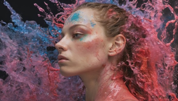 1girl,solo,long hair,blue eyes,blonde hair,brown hair,1boy,male focus,parted lips,from side,lips,profile,makeup,looking up,black background,portrait,realistic,nose,paint splatter,paint,splatter,short hair,jewelry,closed mouth,earrings,blood,looking away,abstract