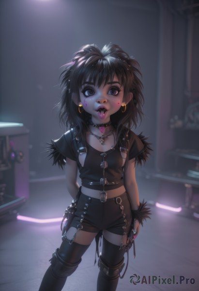 1girl,solo,long hair,breasts,looking at viewer,open mouth,bangs,shirt,black hair,thighhighs,jewelry,standing,short sleeves,earrings,boots,shorts,teeth,choker,tongue,belt,black thighhighs,tongue out,medium hair,necklace,nail polish,black footwear,blurry,black eyes,flat chest,collar,bracelet,lips,fur trim,black shirt,short shorts,makeup,thigh boots,facial mark,black shorts,piercing,ring,lipstick,ear piercing,child,o-ring,arm behind back,hoop earrings,nose,female child,leather,over-kneehighs,gothic,tongue piercing,nose piercing,o-ring choker,lip piercing,short hair,blue eyes,small breasts,indoors,torn clothes,blurry background,arms behind back,tank top,cross,messy hair,lock