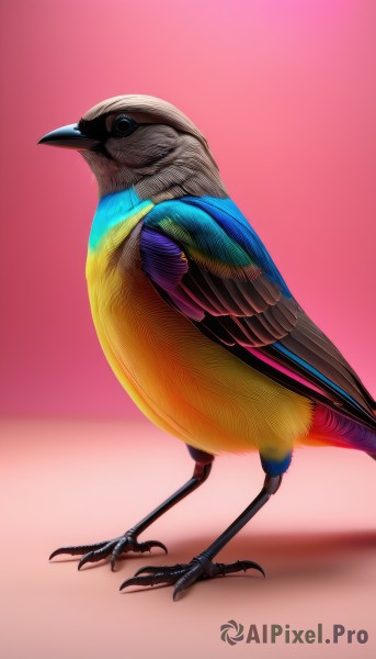 solo,simple background,standing,full body,wings,no humans,shadow,bird,animal,pink background,feathers,realistic,animal focus,talons,beak,parrot,closed mouth,gradient,gradient background,standing on one leg