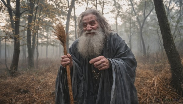 solo,long hair,looking at viewer,long sleeves,1boy,holding,jewelry,closed mouth,standing,white hair,grey hair,male focus,outdoors,day,wide sleeves,necklace,blurry,tree,facial hair,cross,staff,nature,beard,broom,forest,robe,realistic,old,old man,wrinkled skin,smile,upper body,grey eyes,holding staff