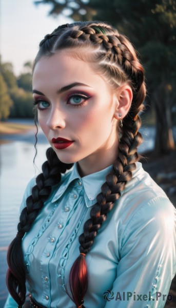 1girl,solo,long hair,breasts,looking at viewer,blue eyes,brown hair,shirt,black hair,long sleeves,jewelry,closed mouth,white shirt,upper body,braid,multicolored hair,earrings,small breasts,outdoors,parted lips,day,collared shirt,artist name,blurry,twin braids,tree,lips,eyelashes,dress shirt,makeup,buttons,depth of field,blurry background,blue shirt,lipstick,hair over shoulder,forehead,eyeshadow,freckles,realistic,nose,red lips,eyeliner,mascara,multiple braids,medium breasts,aqua eyes,sunlight,blouse