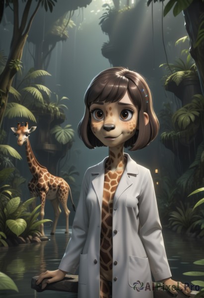 1girl,solo,breasts,looking at viewer,smile,short hair,bangs,brown hair,hair ornament,long sleeves,brown eyes,closed mouth,standing,small breasts,outdoors,open clothes,hairclip,water,tree,coat,animal,leaf,sunlight,bob cut,thick eyebrows,plant,nature,furry,wading,forest,freckles,light rays,furry female,labcoat,white coat,sunbeam,naked coat,collarbone,lips,dirty,dirty face,dirty clothes