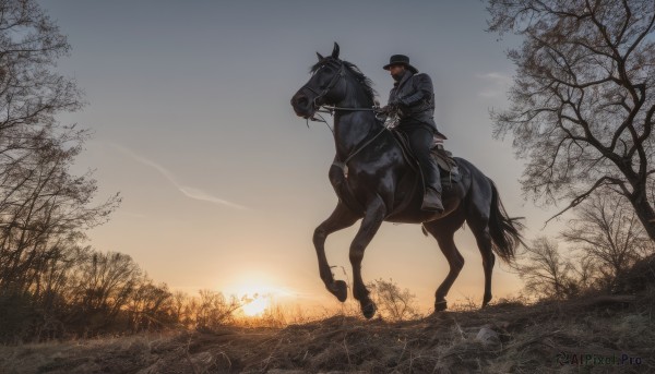 solo,short hair,black hair,long sleeves,1boy,hat,weapon,male focus,boots,outdoors,sky,pants,black footwear,uniform,from side,tree,coat,military,black headwear,military uniform,facial hair,animal,grass,nature,scenery,sunset,military hat,riding,wide shot,horse,bare tree,horseback riding,reins,saddle,holding,jacket,cloud,black jacket,black pants,sunlight,blue jacket,sun,police