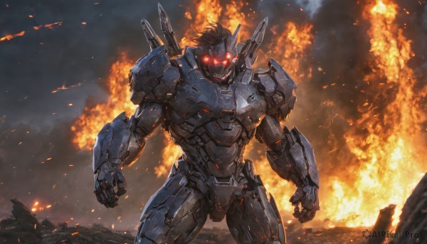 solo,looking at viewer,red eyes,1boy,standing,male focus,cowboy shot,no humans,glowing,fire,robot,mecha,glowing eyes,clenched hands,smoke,science fiction,explosion,embers,burning,armor,clenched hand,power armor