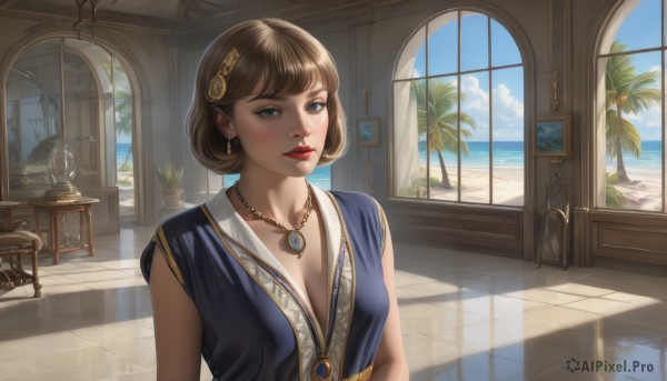 1girl,solo,breasts,looking at viewer,short hair,bangs,blue eyes,brown hair,hair ornament,dress,cleavage,jewelry,medium breasts,closed mouth,collarbone,upper body,earrings,sky,sleeveless,day,cloud,indoors,water,necklace,tree,blue sky,lips,window,makeup,blue dress,shadow,ocean,chair,beach,table,sunlight,plant,lipstick,pendant,reflection,realistic,nose,palm tree,tiles,red lips,potted plant,painting (object),smile,artist name,eyelashes,cloudy sky,gem,scenery,tile floor