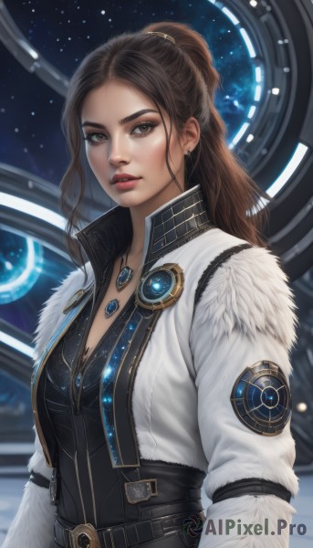 1girl,solo,long hair,breasts,looking at viewer,brown hair,long sleeves,cleavage,brown eyes,jewelry,medium breasts,jacket,upper body,ponytail,earrings,parted lips,open clothes,belt,necklace,open jacket,lips,coat,fur trim,black shirt,makeup,white jacket,freckles,realistic,nose,white coat,red lips,star (sky),pendant,science fiction