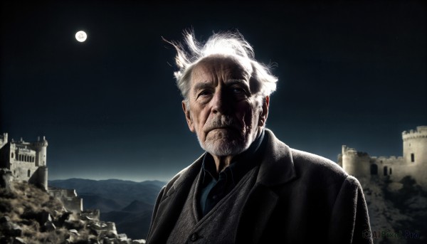 HQ,solo,looking at viewer,shirt,1boy,closed mouth,jacket,upper body,white hair,male focus,outdoors,necktie,sky,collared shirt,vest,black jacket,night,facial hair,formal,moon,suit,building,night sky,beard,full moon,mountain,manly,old,old man,castle,blue eyes,scenery,realistic,moonlight