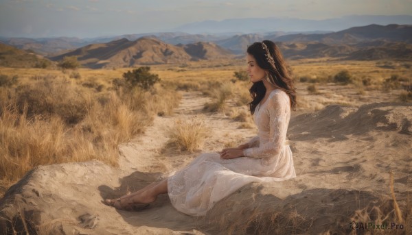 1girl,solo,long hair,brown hair,black hair,hair ornament,long sleeves,dress,jewelry,sitting,full body,earrings,outdoors,sky,barefoot,day,dark skin,white dress,from side,dark-skinned female,lips,see-through,looking to the side,profile,grass,nature,scenery,mountain,realistic,field,on ground,mountainous horizon,flower,cloud,rock,landscape,dirty feet