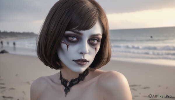 1girl,solo,looking at viewer,short hair,bangs,brown hair,bare shoulders,brown eyes,jewelry,closed mouth,collarbone,upper body,outdoors,parted lips,sky,teeth,choker,day,blurry,lips,blood,makeup,depth of field,blurry background,colored skin,ocean,black choker,beach,bob cut,pale skin,portrait,blood on face,realistic,nose,sand,red lips,grey skin,zombie