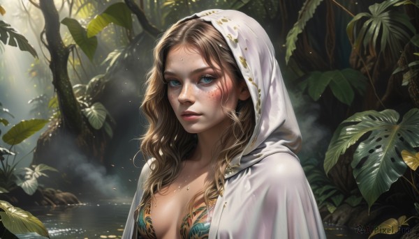 1girl,solo,long hair,breasts,looking at viewer,blue eyes,blonde hair,brown hair,cleavage,jewelry,medium breasts,closed mouth,upper body,earrings,small breasts,outdoors,parted lips,artist name,signature,hood,water,dated,tree,lips,wet,eyelashes,leaf,wavy hair,plant,nature,cloak,hood up,forest,partially submerged,freckles,realistic,nose,wet hair,hooded cloak,bangs,day,necklace,makeup,facial mark,sunlight,veil,breasts apart,dappled sunlight,mascara