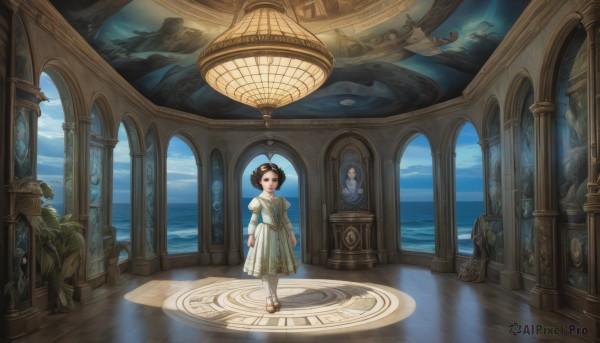 1girl,solo,looking at viewer,smile,short hair,open mouth,brown hair,black hair,long sleeves,dress,brown eyes,jewelry,standing,sky,day,puffy sleeves,cloud,indoors,water,hair bun,white dress,blue sky,ocean,sandals,plant,scenery,walking,wooden floor,fantasy,clock,wide shot,pillar,whale,window,blue dress,shadow,bird,sunlight,child,fish,potted plant