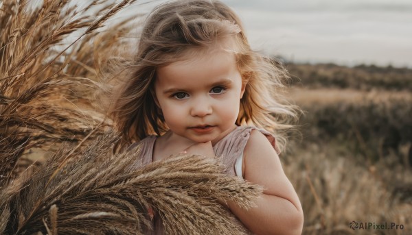 1girl,solo,long hair,looking at viewer,blonde hair,brown hair,shirt,closed mouth,upper body,outdoors,parted lips,sleeveless,blurry,black eyes,lips,grey eyes,depth of field,blurry background,wind,child,forehead,realistic,female child,field,wheat,dress,day