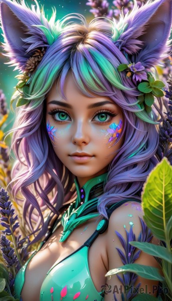 1girl,solo,long hair,breasts,looking at viewer,smile,bangs,large breasts,hair ornament,animal ears,cleavage,bare shoulders,medium breasts,closed mouth,green eyes,upper body,purple hair,flower,multicolored hair,artist name,cat ears,signature,hair flower,lips,animal ear fluff,fox ears,eyelashes,makeup,leaf,watermark,facial mark,plant,slit pupils,web address,eyeshadow,realistic,nose,green flower,swimsuit,bikini,outdoors,green hair,blurry,streaked hair,gradient hair,depth of field,blurry background,sunlight,bikini top only,light particles,pink lips,purple flower,strap gap,facepaint,mascara