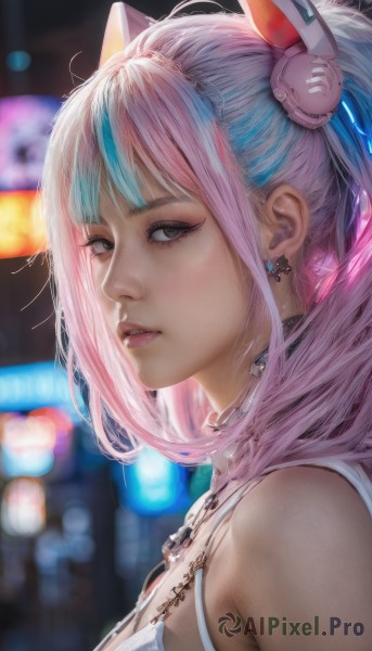 1girl,solo,long hair,breasts,looking at viewer,open mouth,bangs,hair ornament,bare shoulders,twintails,jewelry,blue hair,upper body,pink hair,multicolored hair,earrings,parted lips,teeth,choker,blurry,from side,two-tone hair,lips,streaked hair,grey eyes,makeup,blurry background,portrait,realistic,nose,animal ears,artist name,virtual youtuber,necklace,black eyes,eyelashes,depth of field,fake animal ears,bokeh