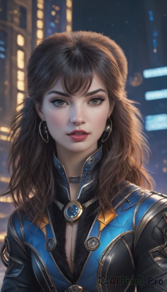 1girl,solo,long hair,breasts,looking at viewer,bangs,blue eyes,brown hair,cleavage,brown eyes,jewelry,upper body,earrings,parted lips,teeth,choker,artist name,blurry,lips,eyelashes,makeup,night,depth of field,blurry background,lipstick,freckles,hoop earrings,realistic,nose,red lips,black hair,jacket,outdoors,black jacket,gem,eyeshadow,backlighting,city,leather,leather jacket,city lights