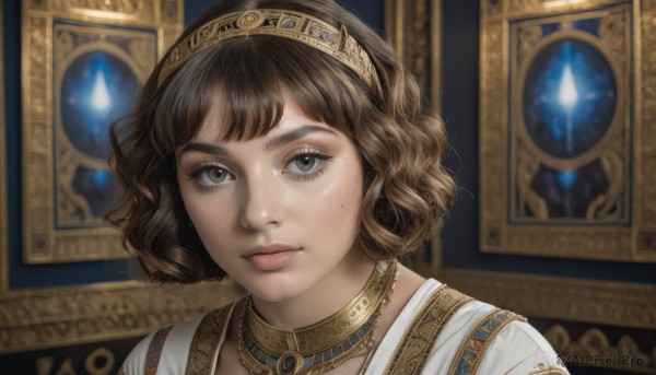 1girl,solo,looking at viewer,short hair,bangs,brown hair,brown eyes,jewelry,closed mouth,hairband,choker,necklace,mole,blurry,lips,eyelashes,mole under eye,portrait,freckles,curly hair,realistic,nose,neck ring,indoors,blurry background,bob cut,gem,close-up,gold trim