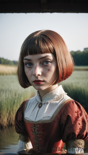 1girl,solo,looking at viewer,short hair,bangs,brown hair,long sleeves,dress,brown eyes,jewelry,closed mouth,upper body,short sleeves,outdoors,day,puffy sleeves,blunt bangs,necklace,blurry,puffy short sleeves,lips,blood,makeup,depth of field,blurry background,red dress,bob cut,grass,lipstick,juliet sleeves,blood on face,realistic,red lips,blood on clothes,black hair,red hair,dirty,dirty face