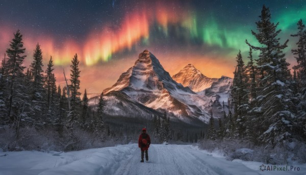 solo,1boy,hat,standing,jacket,male focus,boots,outdoors,sky,hood,bag,from behind,tree,coat,fur trim,night,backpack,fire,star (sky),nature,night sky,scenery,snow,1other,forest,starry sky,snowing,mountain,winter clothes,wide shot,winter,mountainous horizon,ambiguous gender,pine tree,aurora,facing away