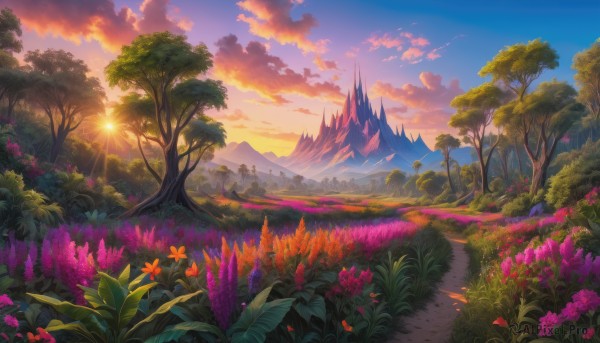 A stunning view of a landscape in sunset outdoors