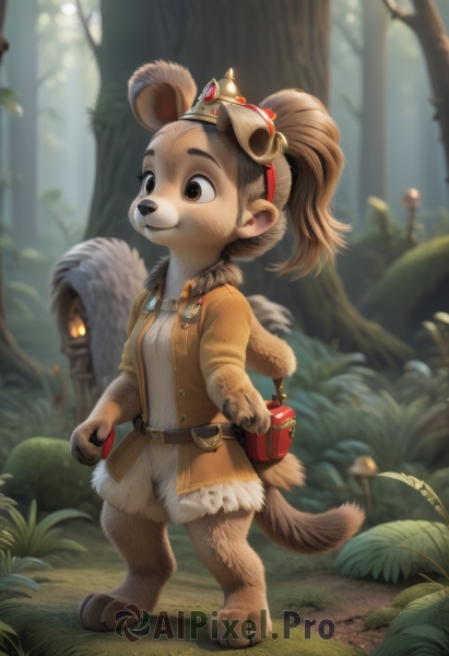 1girl,solo,smile,brown hair,hair ornament,holding,animal ears,brown eyes,jewelry,closed mouth,standing,jacket,tail,full body,ponytail,outdoors,open clothes,day,belt,artist name,signature,bag,blurry,open jacket,tree,fur trim,depth of field,blurry background,grass,crown,high ponytail,nature,furry,forest,walking,animal hands,pouch,brown jacket,furry female,yellow jacket,body fur,mushroom,breasts,long sleeves,small breasts,barefoot,vest,leaf,watermark,plant,freckles,lantern,bush,brown fur