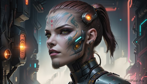 1girl,solo,looking at viewer,short hair,brown hair,hair ornament,brown eyes,jewelry,yellow eyes,ponytail,earrings,parted lips,teeth,lips,tattoo,makeup,glowing,headgear,facial mark,portrait,freckles,science fiction,short ponytail,realistic,nose,stud earrings,eyeliner,cable,cyborg,hair pulled back,neon trim,cyberpunk,mechanical parts,green eyes,weapon,from side,gun,eyelashes,lipstick,close-up,eyeshadow,mascara,earpiece,hologram