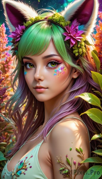 1girl,solo,long hair,breasts,looking at viewer,smile,bangs,large breasts,hair ornament,animal ears,cleavage,bare shoulders,jewelry,medium breasts,closed mouth,green eyes,upper body,pink hair,purple hair,flower,multicolored hair,hairband,earrings,outdoors,parted lips,green hair,sky,artist name,cat ears,hair flower,from side,two-tone hair,lips,fox ears,eyelashes,gradient hair,makeup,fake animal ears,swept bangs,leaf,facial mark,tank top,bug,plant,lipstick,butterfly,star (sky),web address,extra ears,pink flower,eyeshadow,freckles,pink lips,realistic,nose,stud earrings,eyeliner,facepaint,mascara,brown eyes,sleeveless,signature,star (symbol),blurry,blurry background,watermark,patreon username,spaghetti strap